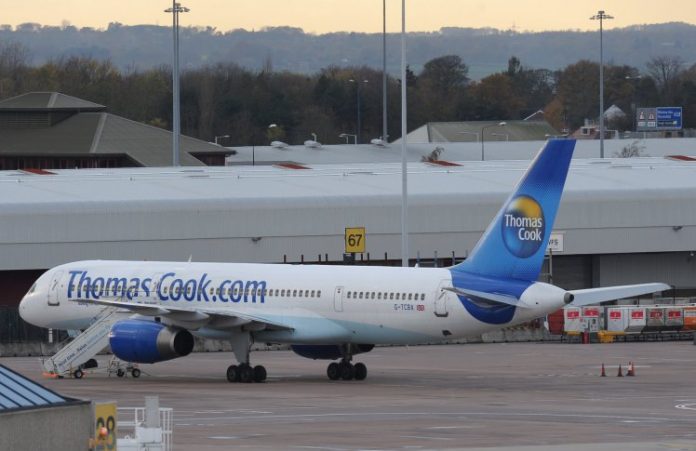 A Thomas Cook aircraft is pictured at Ma