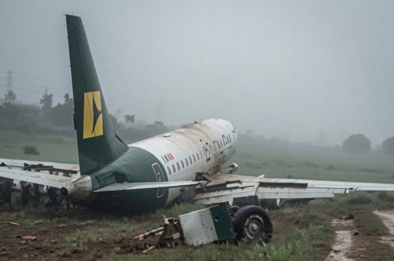 Embraer 170 tipi uçak iniş sırasında ağır hasar görerek çimenlik alana çıktı