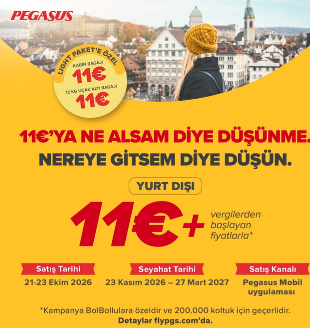 BolBollulara özel yurt dışı biletleri 11€ + vergilerden başlayan fiyatlarla Pegasus Mobil uygulamasında